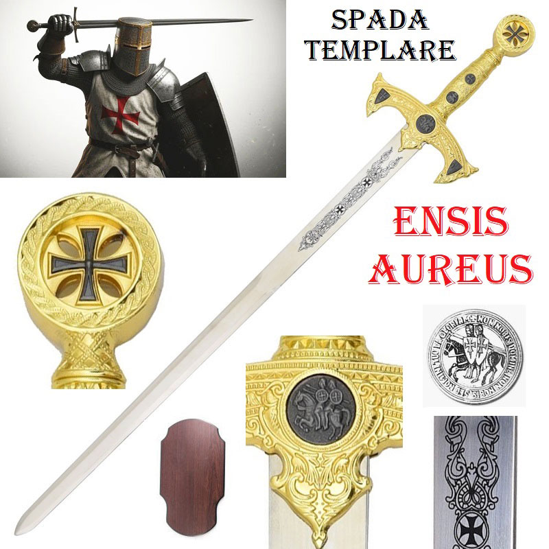 Spada templare ensis aureus con espositore da parete - spada storica ornamentale da collezione dorata decorata con simboli dei cavalieri crociati dell'ordine del tempio di salomone.