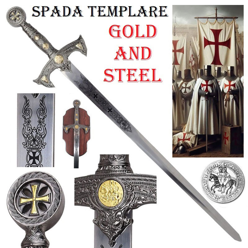 Spada templare gold and steel con espositore da parete - spada storica ornamentale da collezione decorata con simboli dorati dei cavalieri crociati dell'ordine del tempio di salomone.