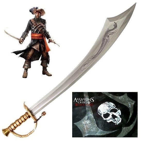 Spada di barbanera con lama incisa per cosplay - sciabola da collezione del pirata edward teach del videogame assassin's creed iv black flag.