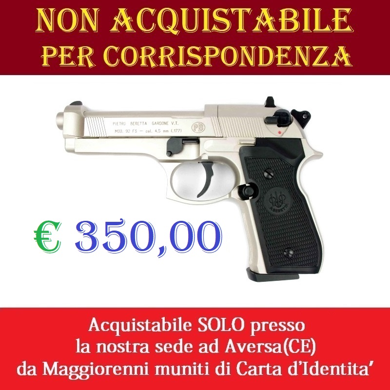 Pistola co2 beretta 92 fs nichelata - potenza inferiore ai 7,5 joule - marca umarex -versione depotenziata di libera vendita a maggiorenni .