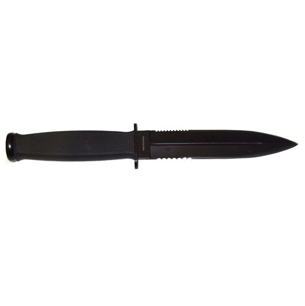 Coltello militare con lama nera con 2 seghe dentate e fodero.