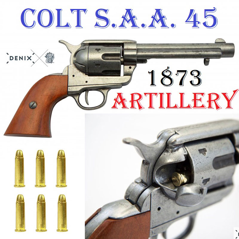 Revolver colt modello artillery del 1873 con 6 proiettili da collezione - replica storica ornamentale inerte di pistola western americana colt a retrocarica da artiglieria dell'esercito marca denix.