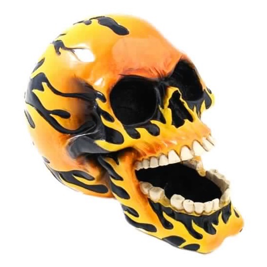 Teschio ghost rider - soprammobile da collezione a forma di cranio fiammeggiante del motociclista cacciatore di malvagi dei fumetti.