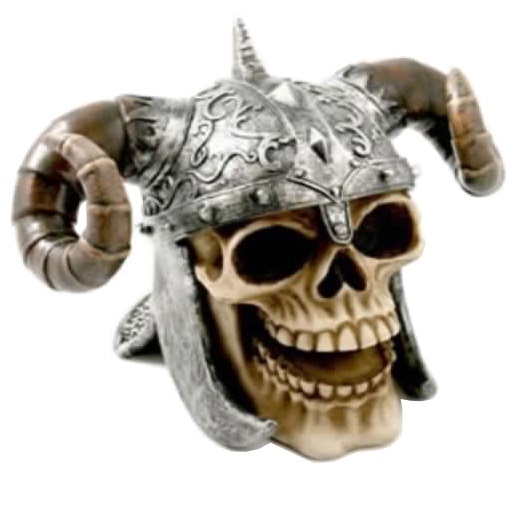 Teschio vichingo - soprammobile da collezione riproducente il cranio di un guerriero barbaro norenno con elmo da guerra con corna .