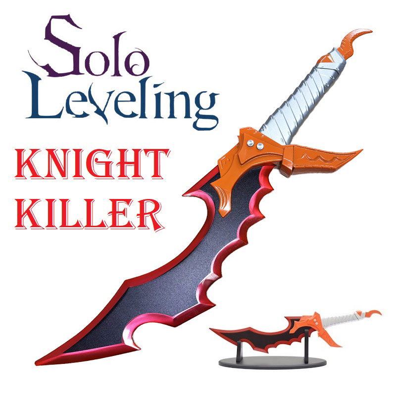 Knight killer di sung jinwoo con espositore da tavolo per cosplay - pugnale fantasy ornamentale da collezione con lama rossa del videogioco ed anime solo leveling.