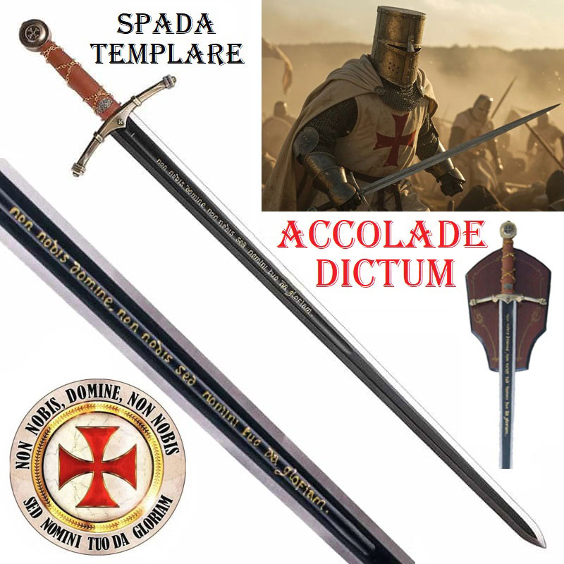Spada templare accolade dictum con espositore da parete - spada storica ornamentale da collezione con lama nera decorata col motto dei cavalieri crociati dell'ordine del tempio di salomone.