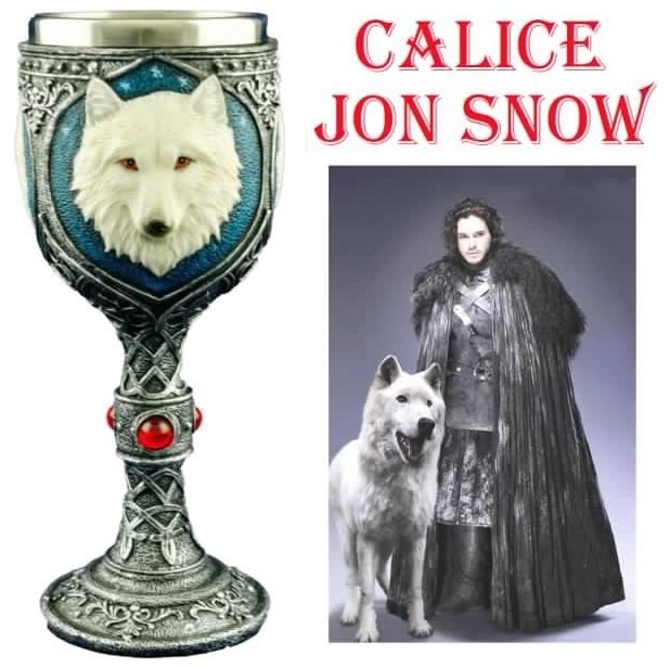 Calice jon snow - coppa fantasy da collezione e per cosplay con teste del meta-lupo bianco spettro della serie televisiva il trono di spade in metallo e resina.