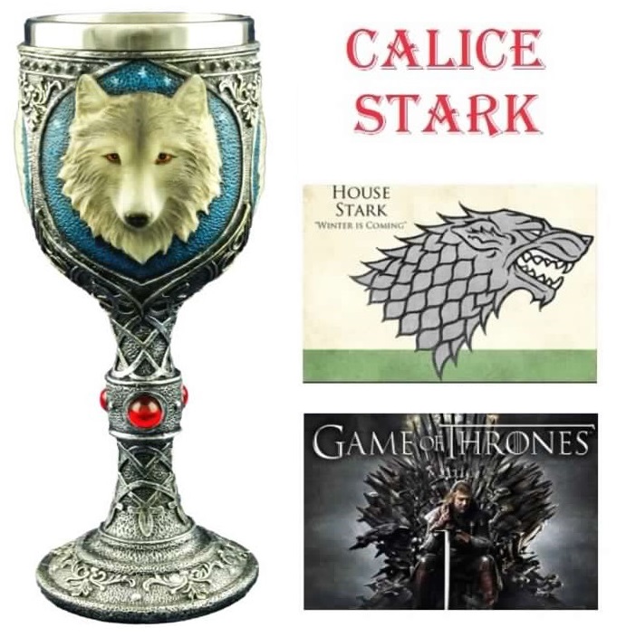 Calice stark - coppa fantasy da collezione e per cosplay con teste di meta-lupo dedicata alla serie televisiva il trono di spade in metallo e resina.