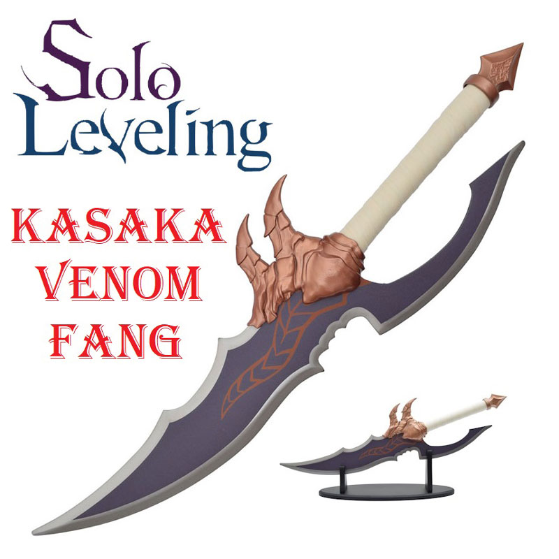 Kasaka venom fang di sung jinwoo con espositore da tavolo per cosplay - pugnale fantasy ornamentale da collezione del videogioco ed anime solo leveling.
