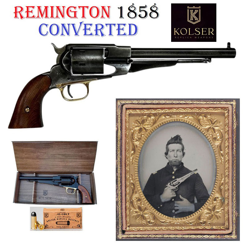 Revolver remington new army model 1858 converted con 6 colpi a salve - replica storica inerte di pistola americana di pioniere e della guerra di secessione con tamburo a retrocarica in calibro 45 dell'esercito degli stati uniti marca kolser .