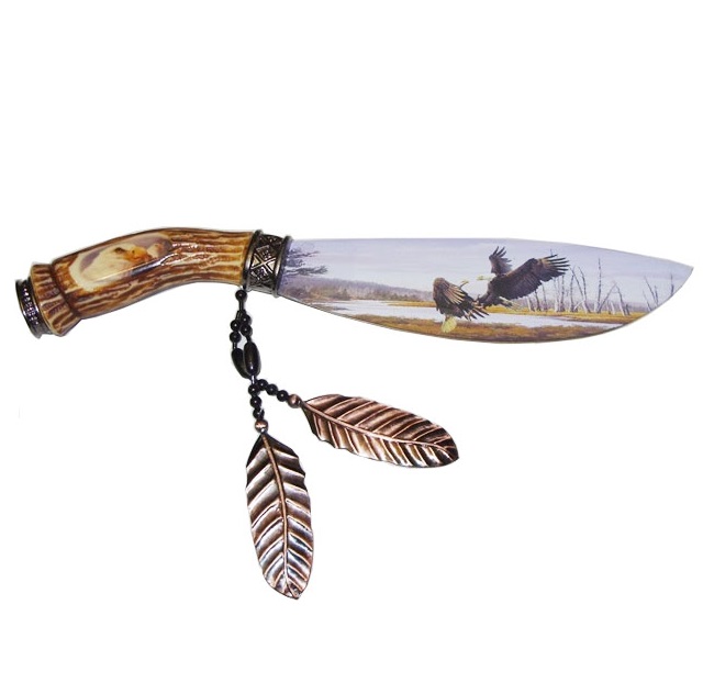 Coltello pellerossa grande aquila - pugnale di guerriero indiano americano con lama decorata ed espositore da tavolo.