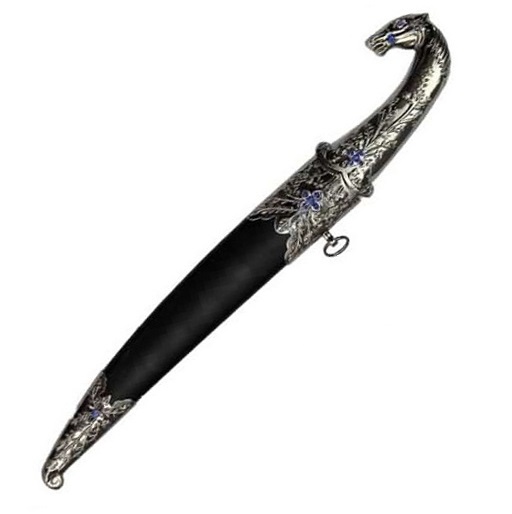 Pugnale di attila - coltello storico da collezione a lama curva con testa di cavallo e gemme blu del grande condottiero unno con fodero.