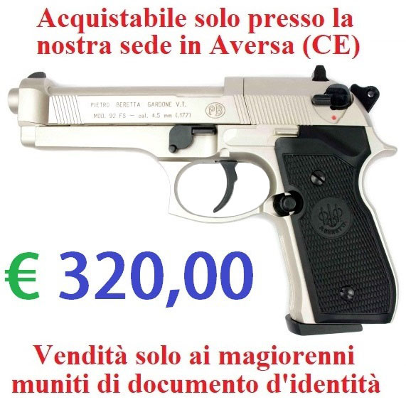 Pistola co2 beretta 92 fs nichelata - potenza inferiore ai 7,5 joule - marca umarex -versione depotenziata di libera vendita a maggiorenni .