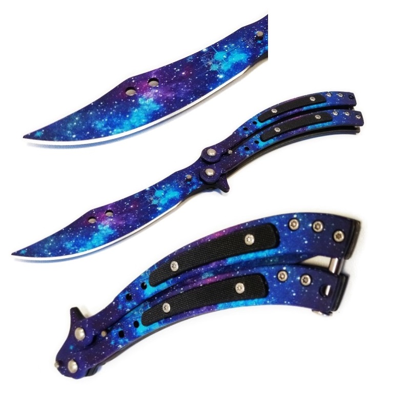 Coltello butterfly saber space - balisong con lama a sciabola ed impugnatura blu - coltello a farfalla blue per arte marziale filippina kali .