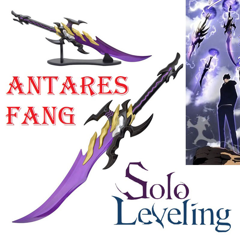 Antares fang di sung jinwoo con espositore da tavolo per cosplay - pugnale fantasy ornamentale da collezione con lama viola del videogioco ed anime solo leveling.