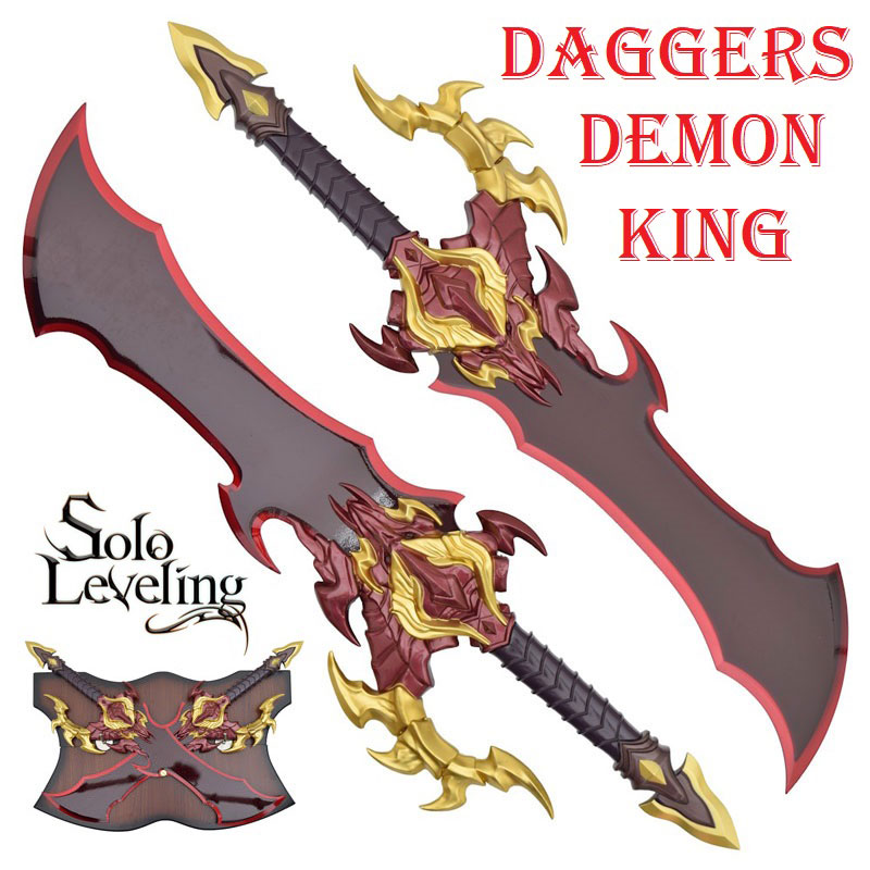 Demon king's daggers di sung jinwoo con espositore da parete per cosplay - coppia di pugnali fantasy ornamentali rossi da collezione del videogioco ed anime solo leveling.