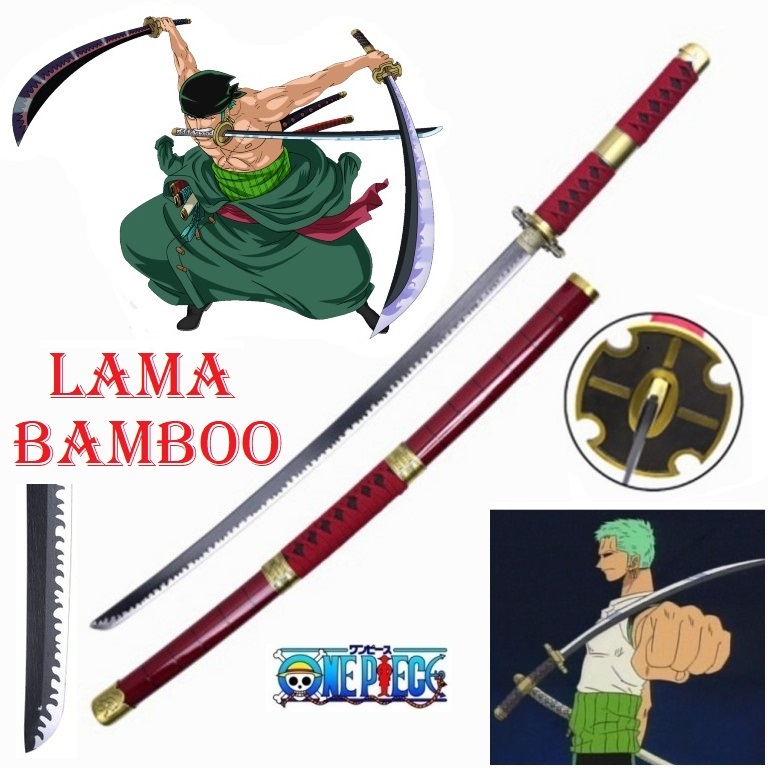 Katana sandai kitetsu in bamboo per cosplay - spada giapponese fantasy da collezione in legno terza generazione del demone penetrante di roronoa zoro della serie anime e manga one piece.