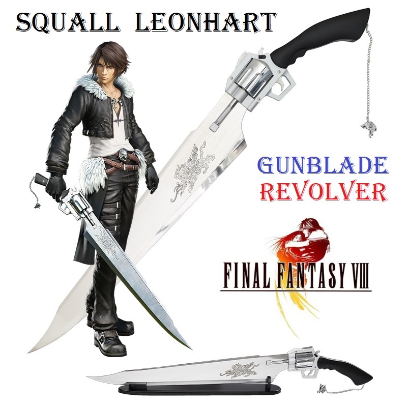 Gunblade revolver di squall leonhart di final fantasy viii ornamentale per cosplay - spada revolver fantasy da collezione del videogame final fantasy 8 con espositore da tavolo      .