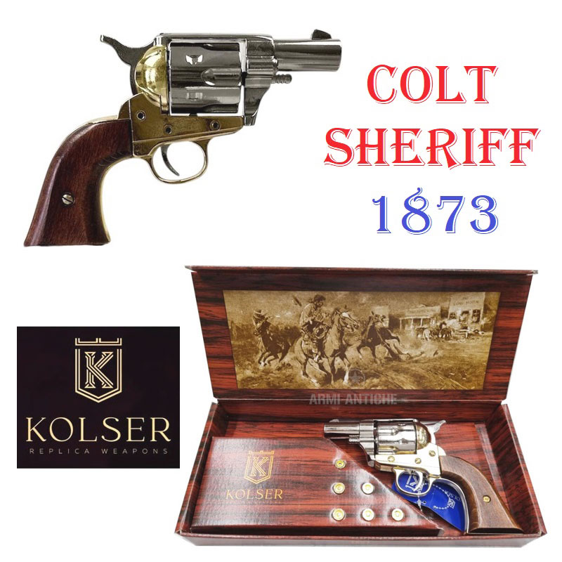 Revolver colt modello sheriff del 1873 con 6 proiettili a salve in calibro 45 - replica storica inerte di pistola western americana colt single action army del 1873 modello pocket con tamburo a retrocarica marca kolser .