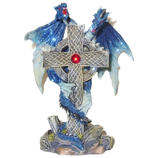 Drago 2 teste blu con croce - miniatura fantasy da collezione di dragone bicefalo in resina di colore blu con croce antica.