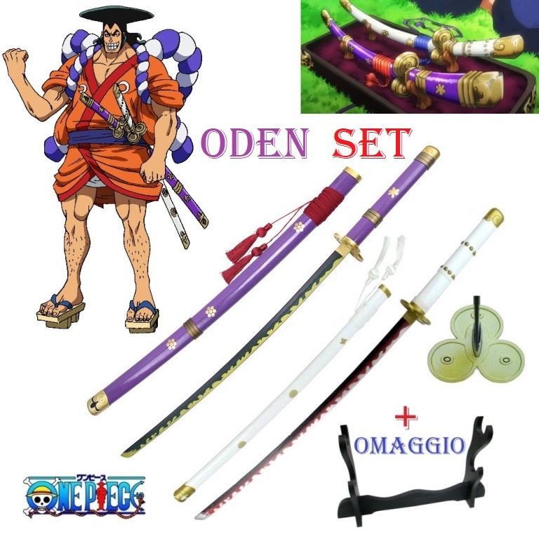 Set katane di oden per cosplay con espositore da tavolo - set di due spade giapponesi fantasy da collezione di kozuki oden della serie anime one piece.