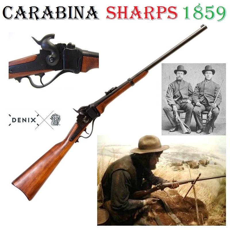 Carabina sharps 1859 della guerra di secessione americana da collezione - replica storica inerte di fucile a retrocarica da caccia al bisonte a leva e a percussione  marca denix.