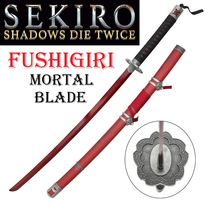 Katana mortal blade fushigiri per cosplay - spada magica giapponese fantasy con lama rossa da collezione del videogioco sekiro shadows die twice.