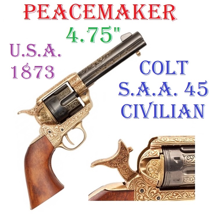 Revolver colt modello peacemaker 4,75 - replica storica inerte di pistola western americana colt single action army del 1873 modello civilian con tamburo a retrocarica decorato con incisioni.