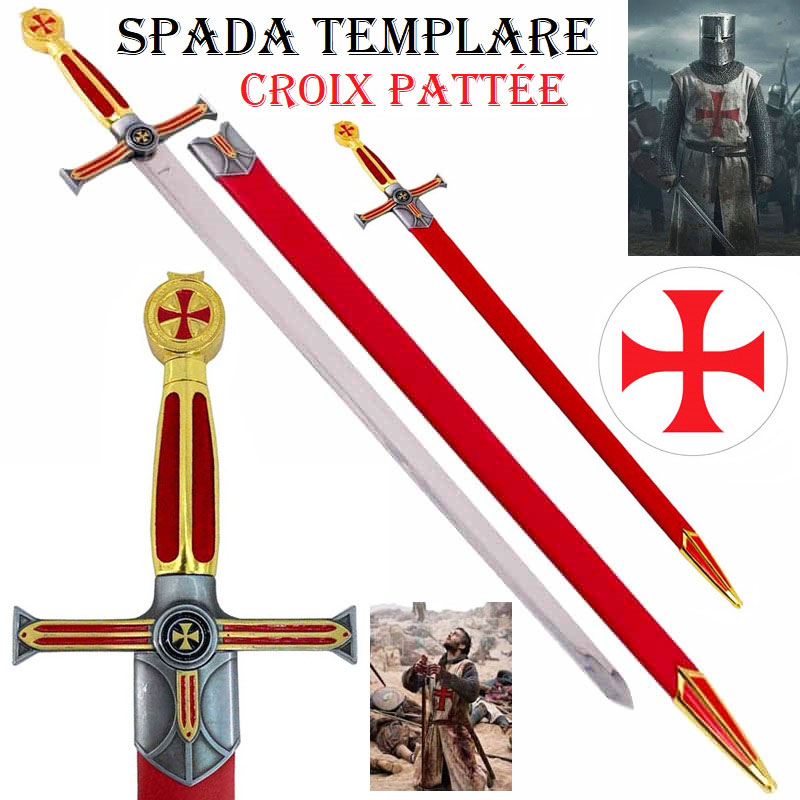 Spada templare croix patte� con fodro - spada storica rossa ornamentale da collezione decorata con simboli dorati dei cavalieri crociati dell'ordine del tempio di salomone.