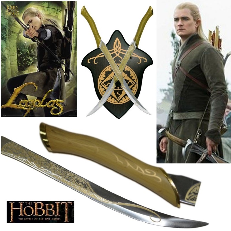 Coltelli di legolas con espositore da parete per cosplay - coppia di pugnali fantasy da collezione dell'elfo legolas verdefoglia dei film il signore degli anelli e lo hobbit.