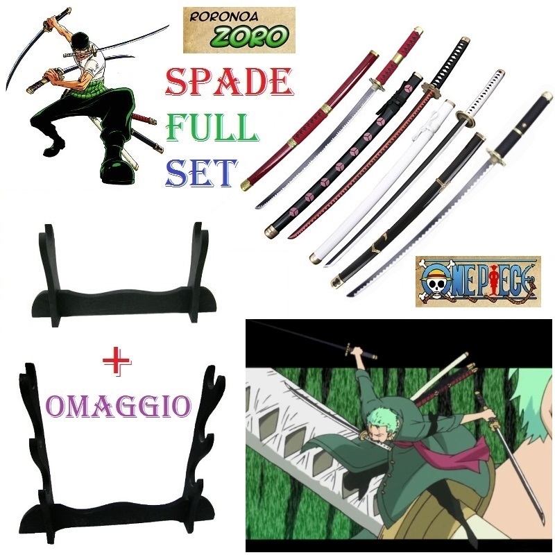 Full set 4 katane di zoro per cosplay con 2 espositori da tavolo - set completo delle quattro spade giapponesi fantasy da collezione di roronoa zoro della serie anime e manga one piece .