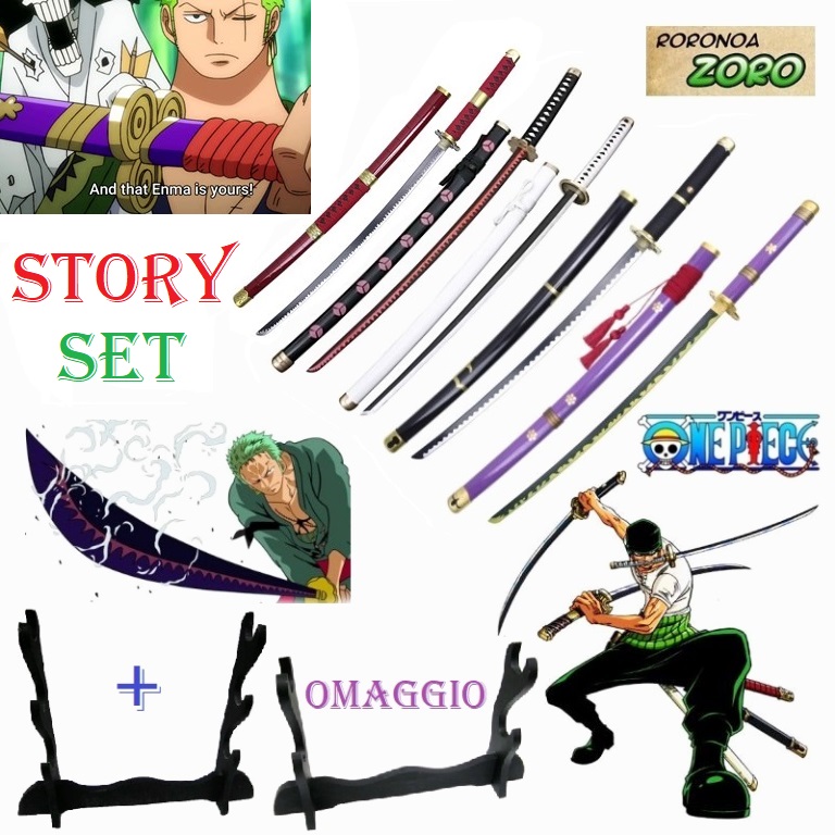 Story set 5 katane di zoro per cosplay con 2 espositori da tavolo - set completo delle cinque spade giapponesi fantasy da collezione di roronoa zoro della serie anime e manga one piece .