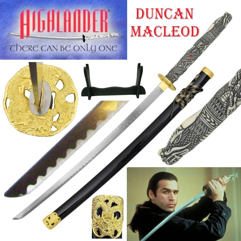 Katana duncan macleod per cosplay - spada giapponese fantasy da collezione con espositore da tavolo della serie tv highlander .