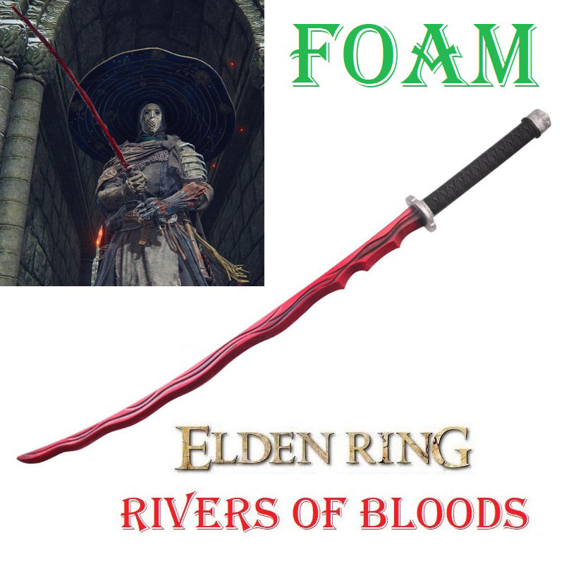 Katana rivers of bloods in foam per cosplay - spada magica giapponese fantasy fiumi di sangue ornamentale da collezione in gomma del videogioco elden ring.