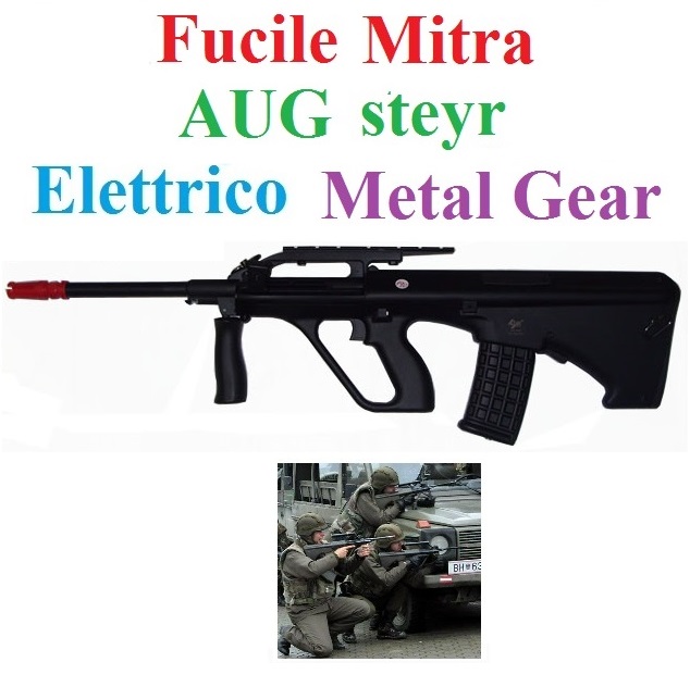 Fucile softair modello aug steyr metal gear elettrico  - mitra elettrico giocattolo per softair modello aug austriaco nero in semimetallo.