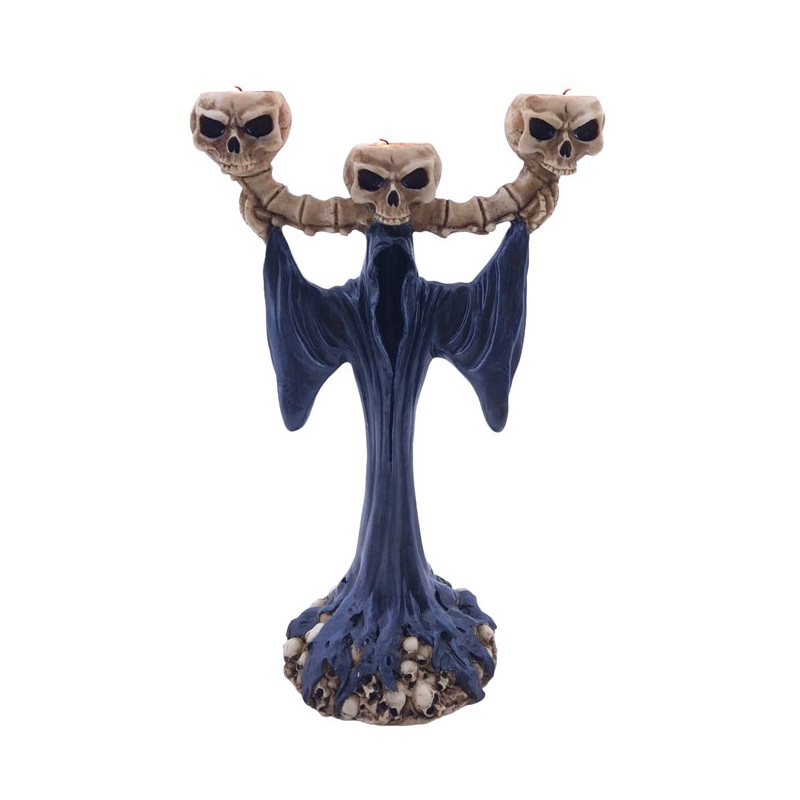 Candelabro angelo della morte con teschi per tea light da collezione - soprammobile ornamentale umoristico raffigurante l'angelo oscuro della morte con 3 teschi portacandele aromatiche tealight .