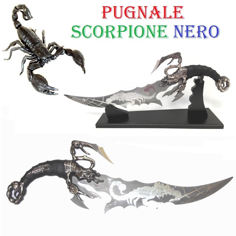 Pugnale scorpione nero - coltello fantasy da collezione dello scorpione con lama decorata ed espositore da tavolo.