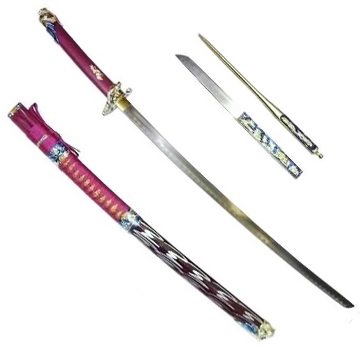 Katana dei 3 draghi colore bordeaux - spada giapponese fantasy da collezione color bord� con tre draghi e due pugnali nel fodero.