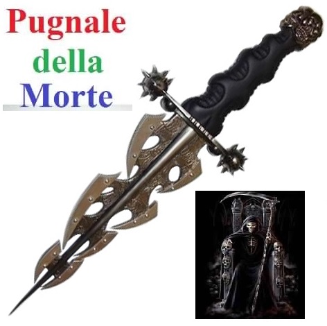 Pugnale della morte - coltello fantasy da collezione decorato con incisioni e teschi e con espositore da parete.