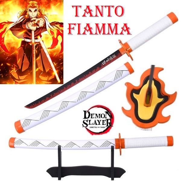 Tanto nichirin ammazzademoni di rengoku kyojuro per cosplay con espositore da tavolo - pugnale giapponese fantasy da collezione del pilastro della fiamma della serie anime e manga demon slayer.