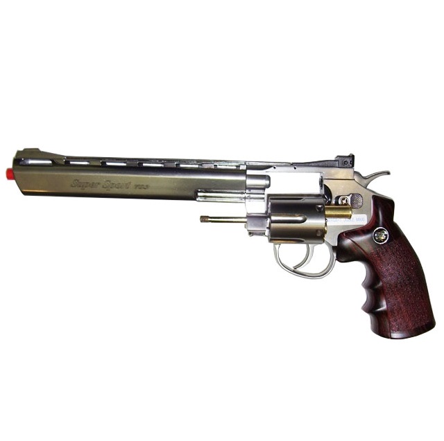 Revolver softair a co2 full metal modello magnum 357  da 8 pollici cromato con tamburo rotante e caricatori a forma di bossoli di proiettile.