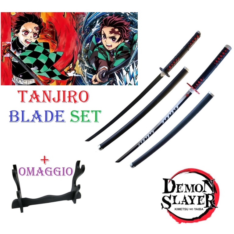 Tanjiro blade set per cosplay con 1 espositore da tavolo - set di 2 nichirin katane giapponesi fantasy da collezione dell' ammazzademoni tanjiro kamado della serie anime e manga demon slayer.