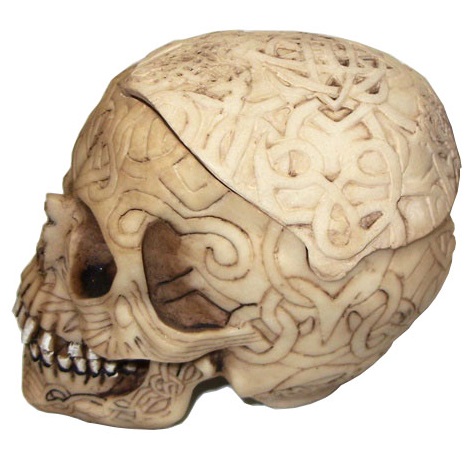Teschio celtico posacenere - ceneriera da collezione a forma di cranio umano rivestita di rune celtiche.