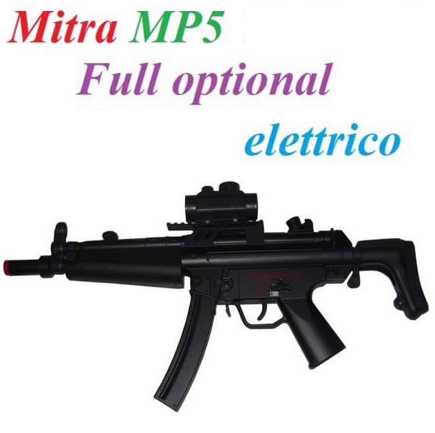 Fucile softair modello mitra mp5 elettrico con calcio regolabile ed accessori - mitra giocattolo elettrico mp5 a pallini con doppio caricatore e red dot.