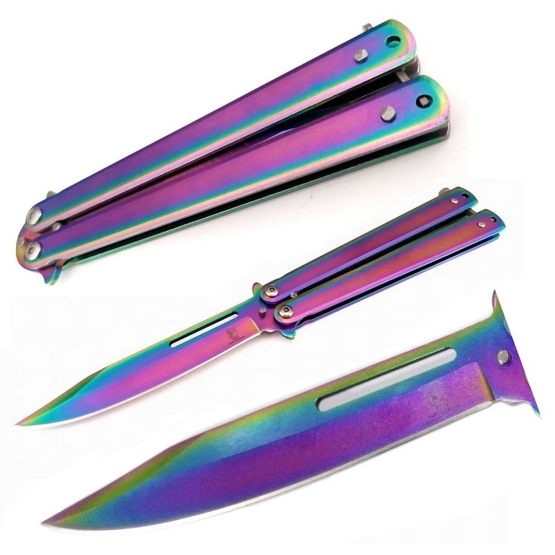 Coltello butterfly rainbow - balisong aerografato arcobaleno - coltello a farfalla per arte marziale filippina kali modello con lama ed impugnatura aerografati.