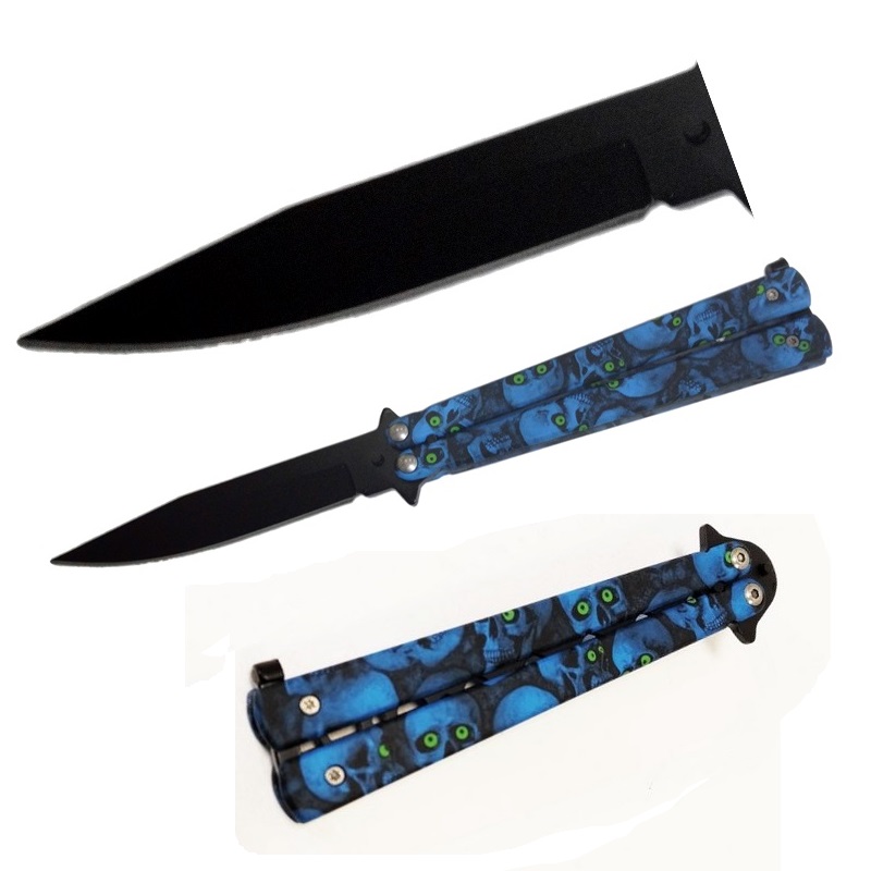 Coltello butterfly blu skull - balisong con lama nera ed impugnatura decorata con teschi blue - coltello a farfalla blu per arte marziale filippina kali .