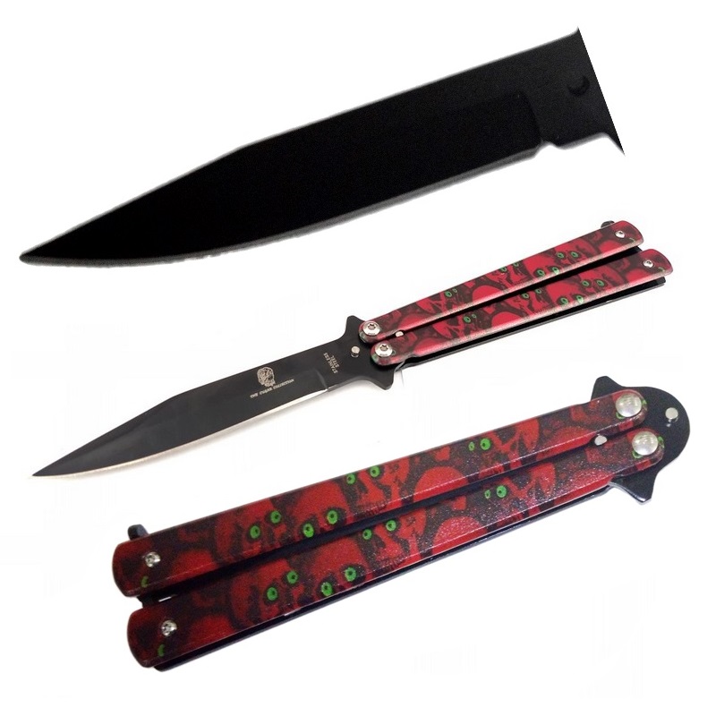 Coltello butterfly red skull - balisong con lama nera ed impugnatura decorata con teschi rossi - coltello a farfalla rosso per arte marziale filippina kali .