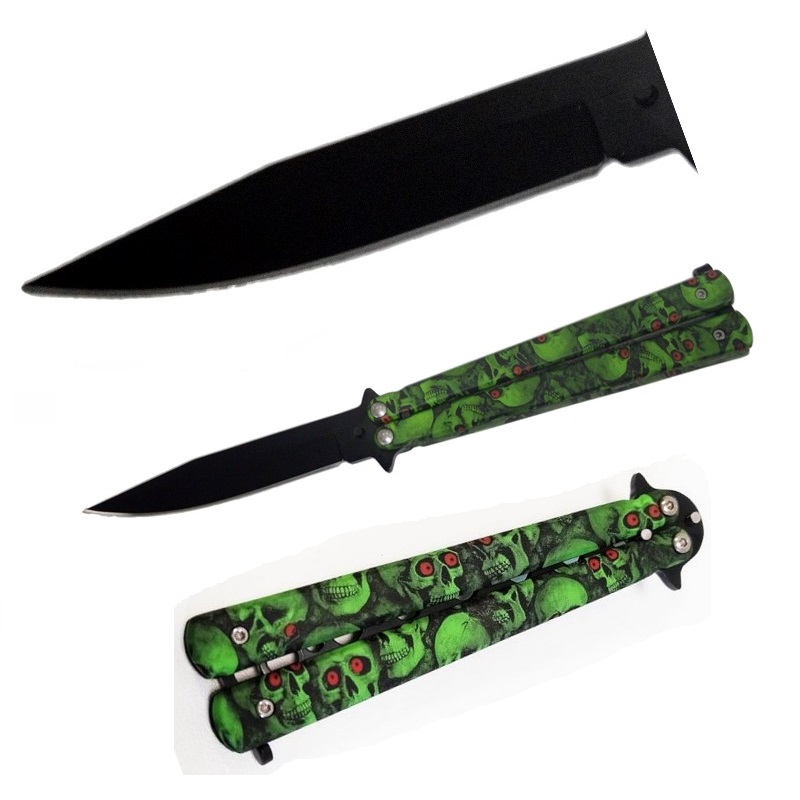 Coltello butterfly green skull - balisong con lama nera ed impugnatura decorata con teschi verdi - coltello a farfalla verde per arte marziale filippina kali .