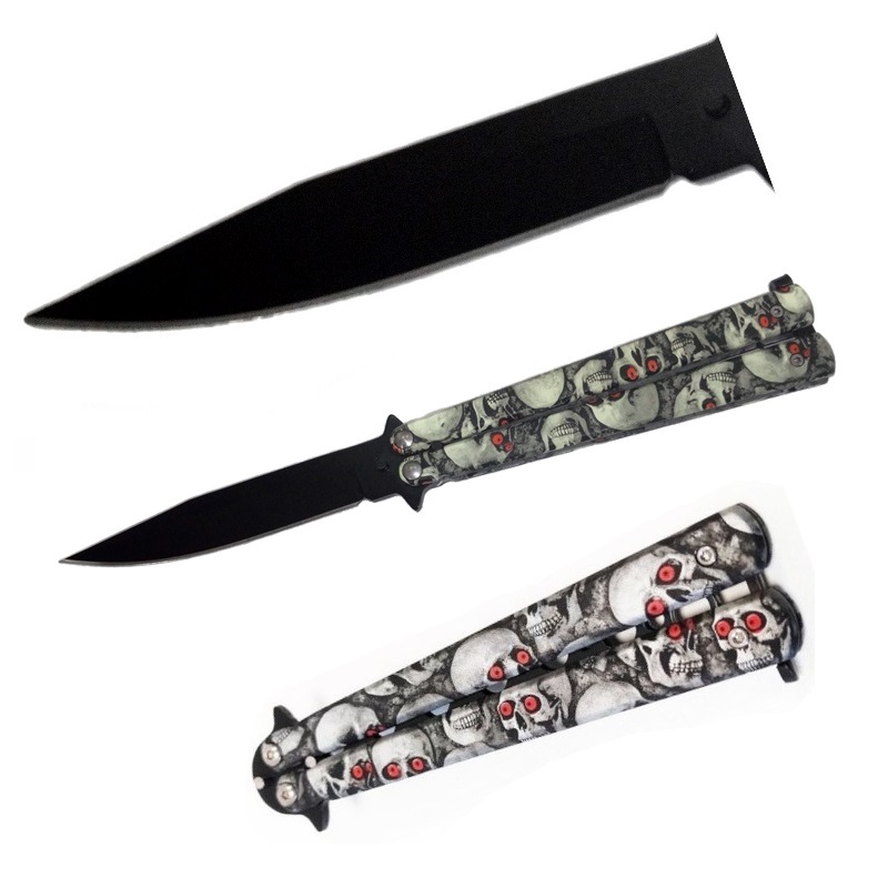 Coltello butterfly white skull - balisong con lama nera ed impugnatura decorata con teschi bianchi - coltello a farfalla bianco per arte marziale filippina kali .