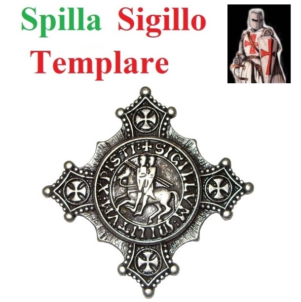 Spilla sigillo templare - riproduzione storica del sigillo dell'ordine cavalleresco templare in argento - prodotta in italia.